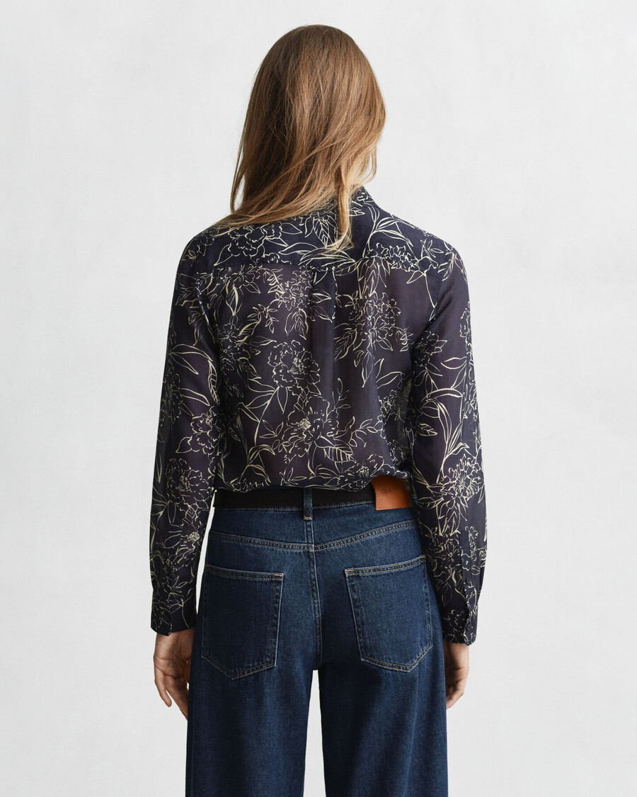 camisa de algodão e seda com estampa floral e modelagem regular - azul noite