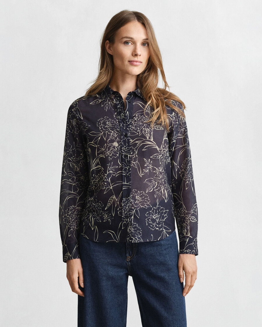 camisa de algodão e seda com estampa floral e modelagem regular - azul noite