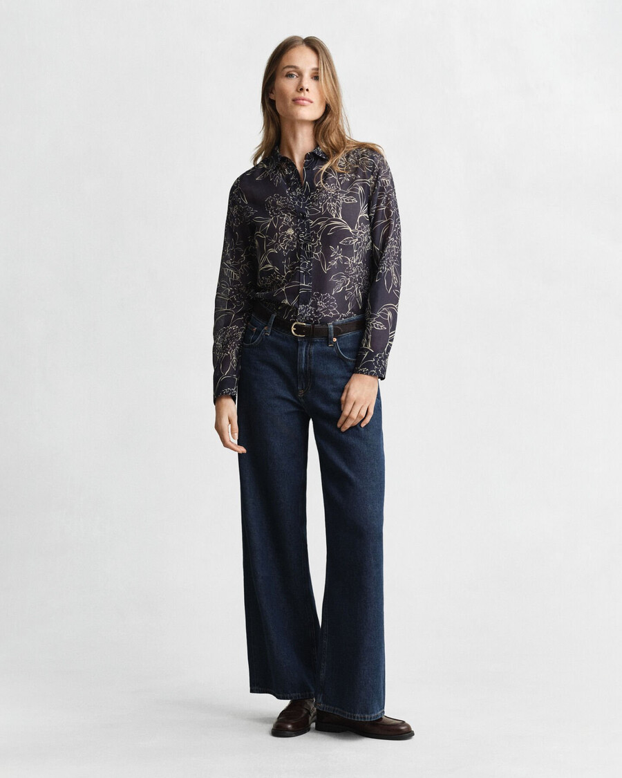 camisa de algodão e seda com estampa floral e modelagem regular - azul noite