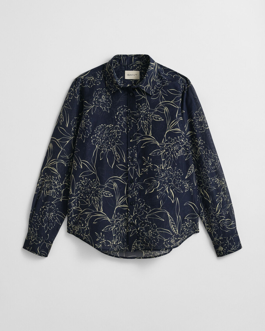 camisa de algodão e seda com estampa floral e modelagem regular - azul noite