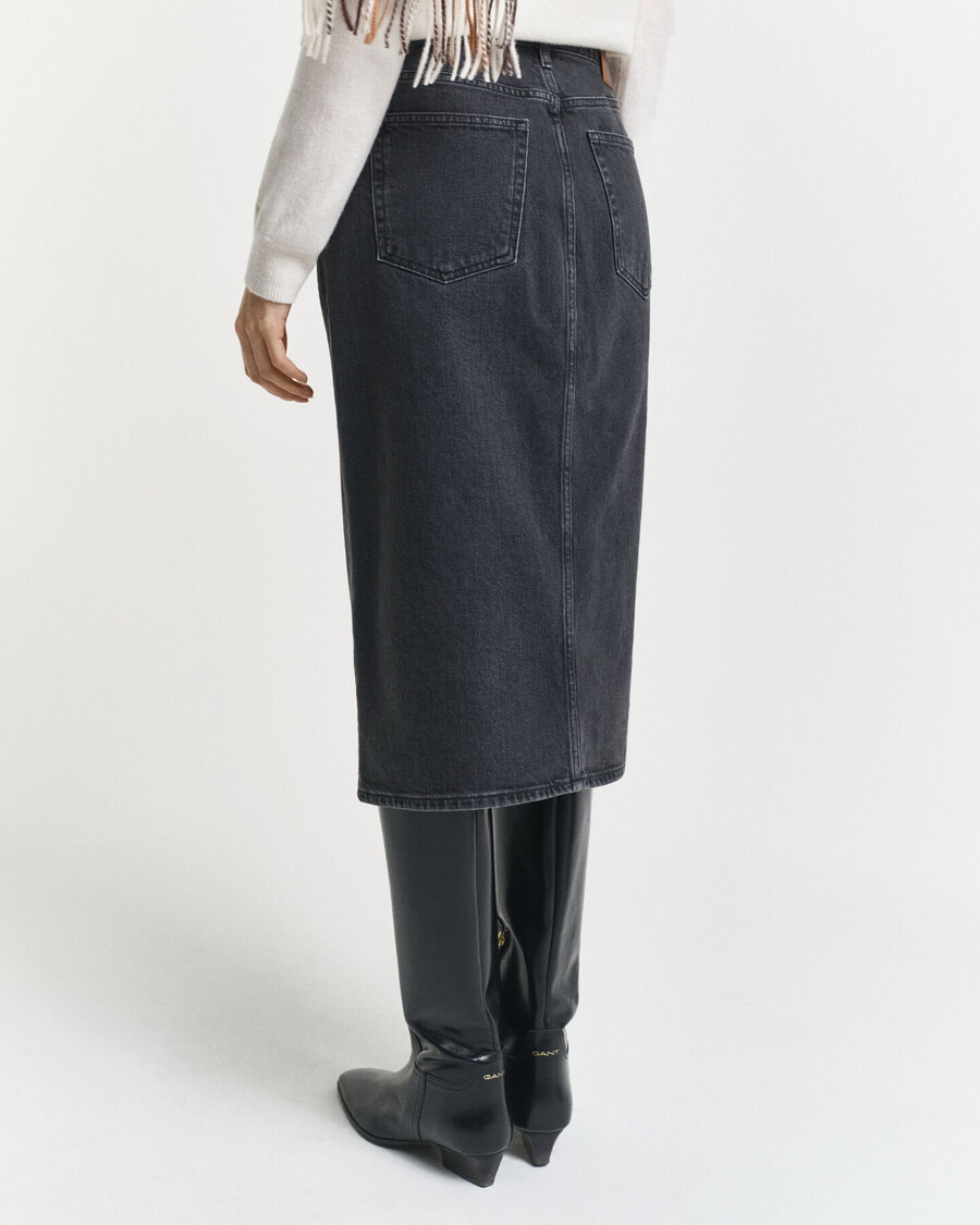 saia midi jeans com botões - preta com efeito desgastado
