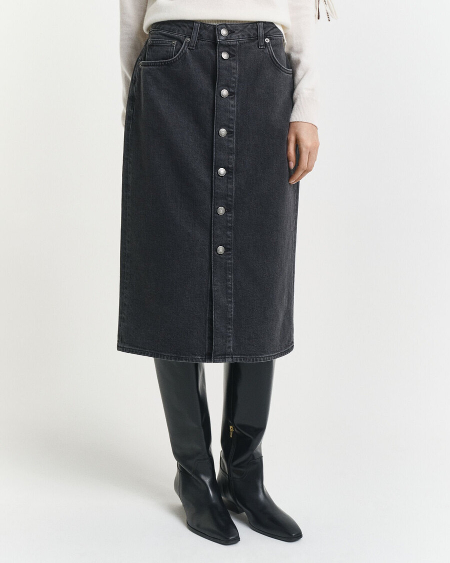 saia midi jeans com botões - preta com efeito desgastado
