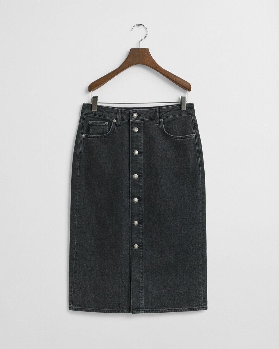 saia midi jeans com botões - preta com efeito desgastado