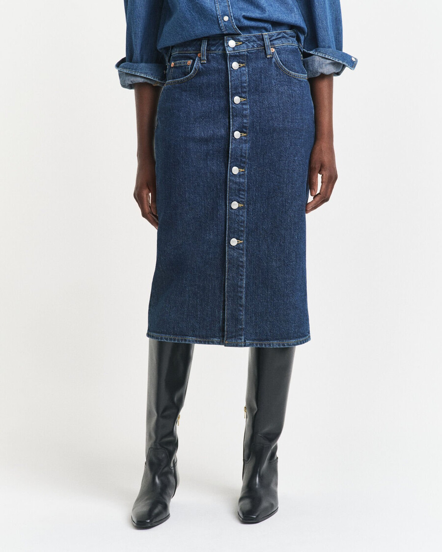 saia midi jeans com botões - azul escuro desbotado