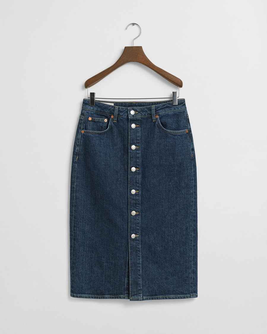 saia midi jeans com botões - azul escuro desbotado