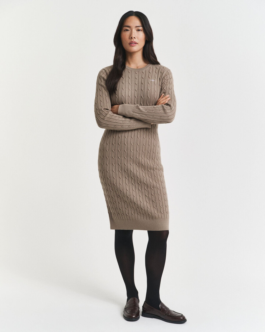 vestido de malha trançada em algodão elástico com gola redonda - bege taupe