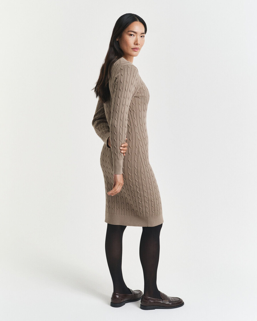 vestido de malha trançada em algodão elástico com gola redonda - bege taupe