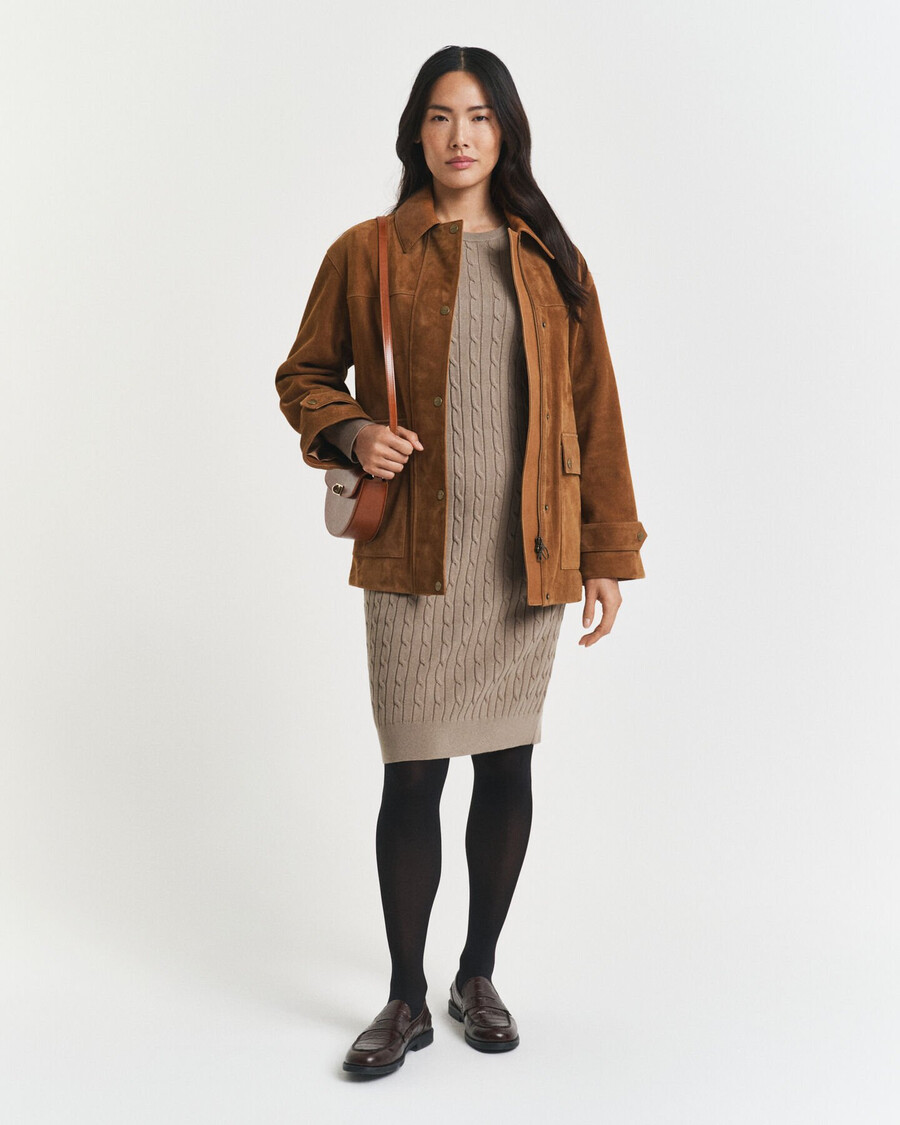 vestido de malha trançada em algodão elástico com gola redonda - bege taupe