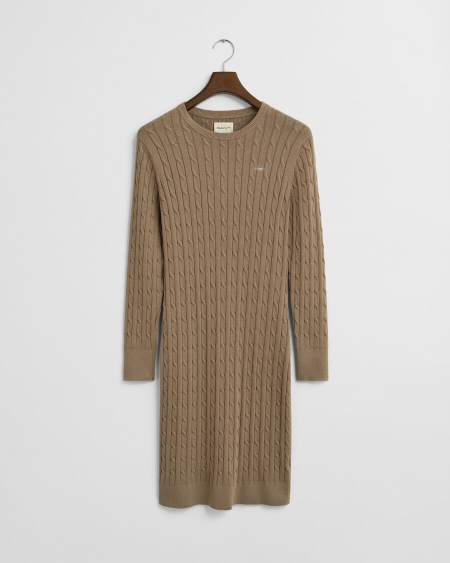 vestido de malha trançada em algodão elástico com gola redonda - bege taupe
