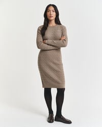 vestido de malha trançada em algodão elástico com gola redonda - bege taupe