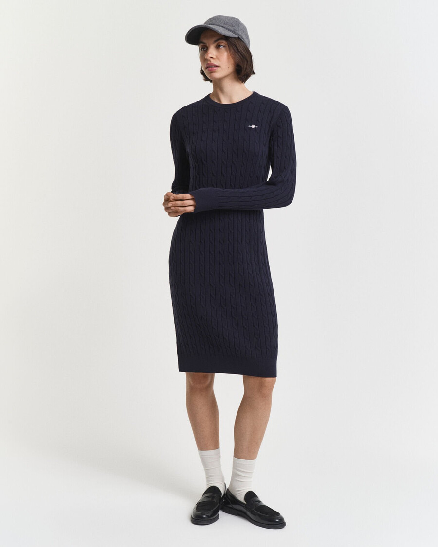 vestido de malha trançada em algodão elástico com gola redonda - azul noite
