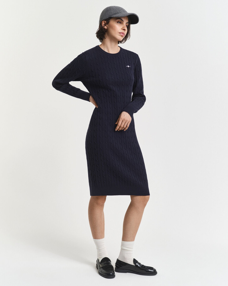 vestido de malha trançada em algodão elástico com gola redonda - azul noite