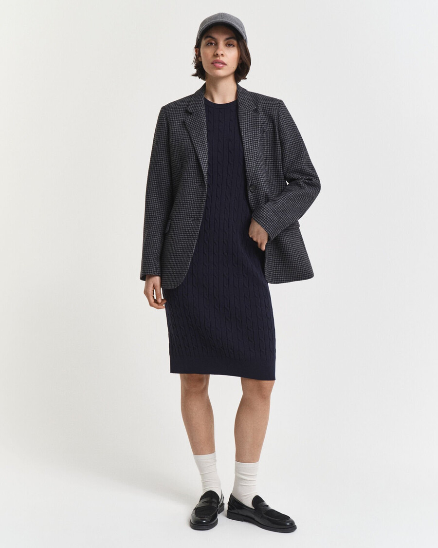 vestido de malha trançada em algodão elástico com gola redonda - azul noite