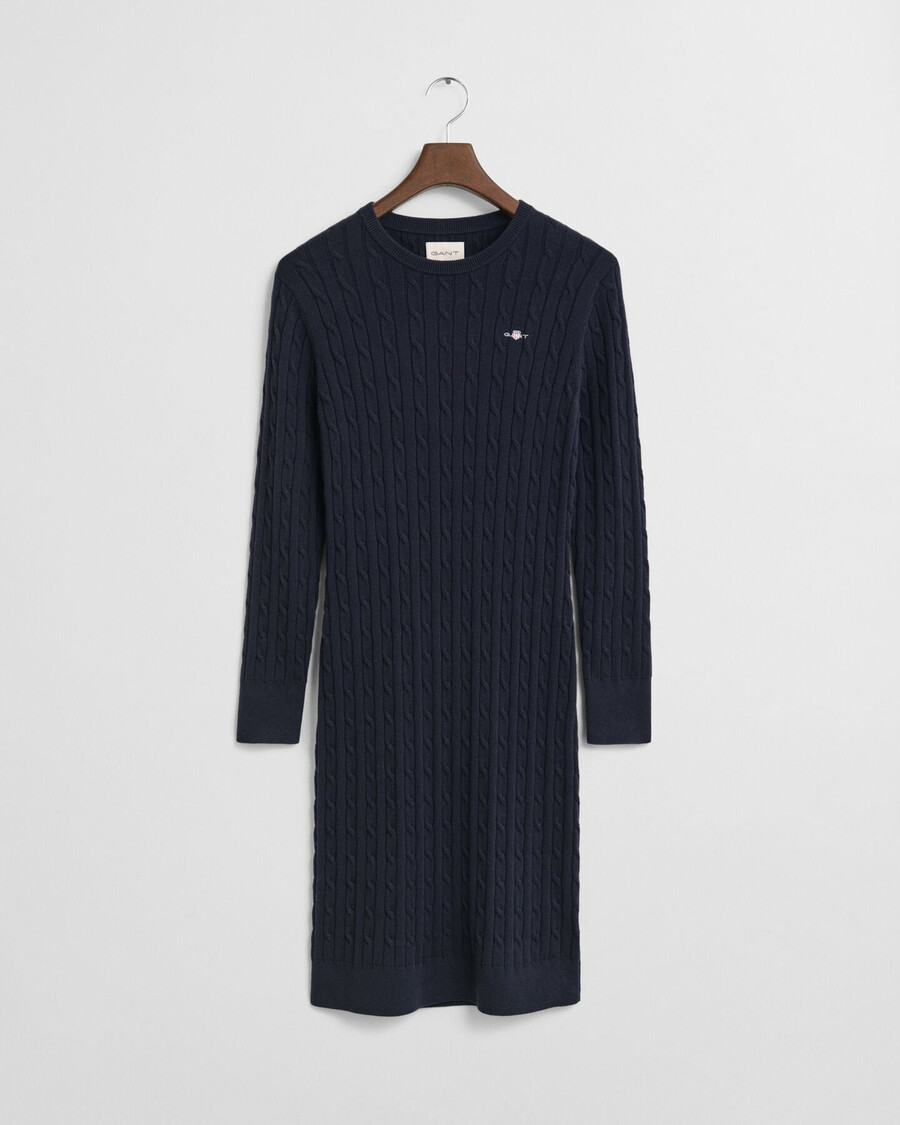 vestido de malha trançada em algodão elástico com gola redonda - azul noite