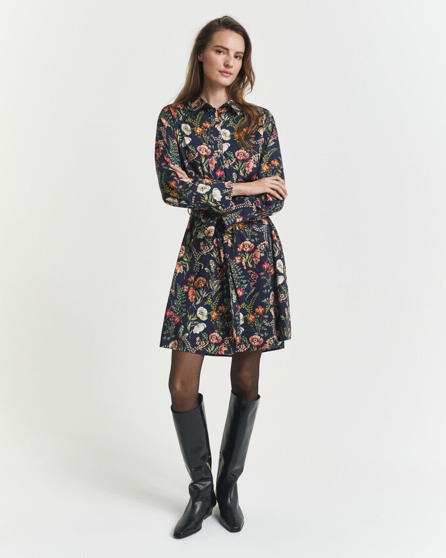 vestido camisa de viscose com estampa floral - azul noite