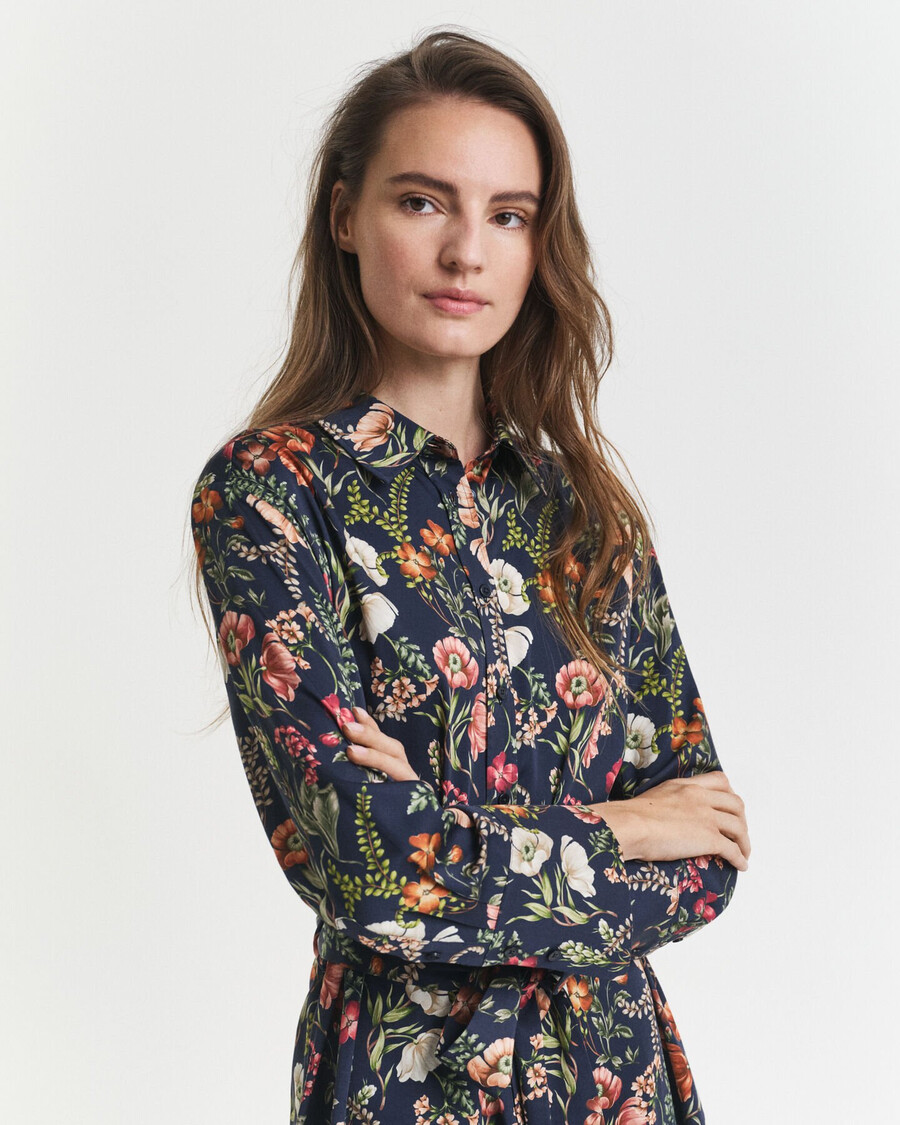 vestido camisa de viscose com estampa floral - azul noite