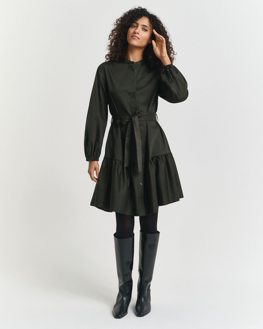 vestido de manga comprida em cetim de algodão - verde musgo escuro
