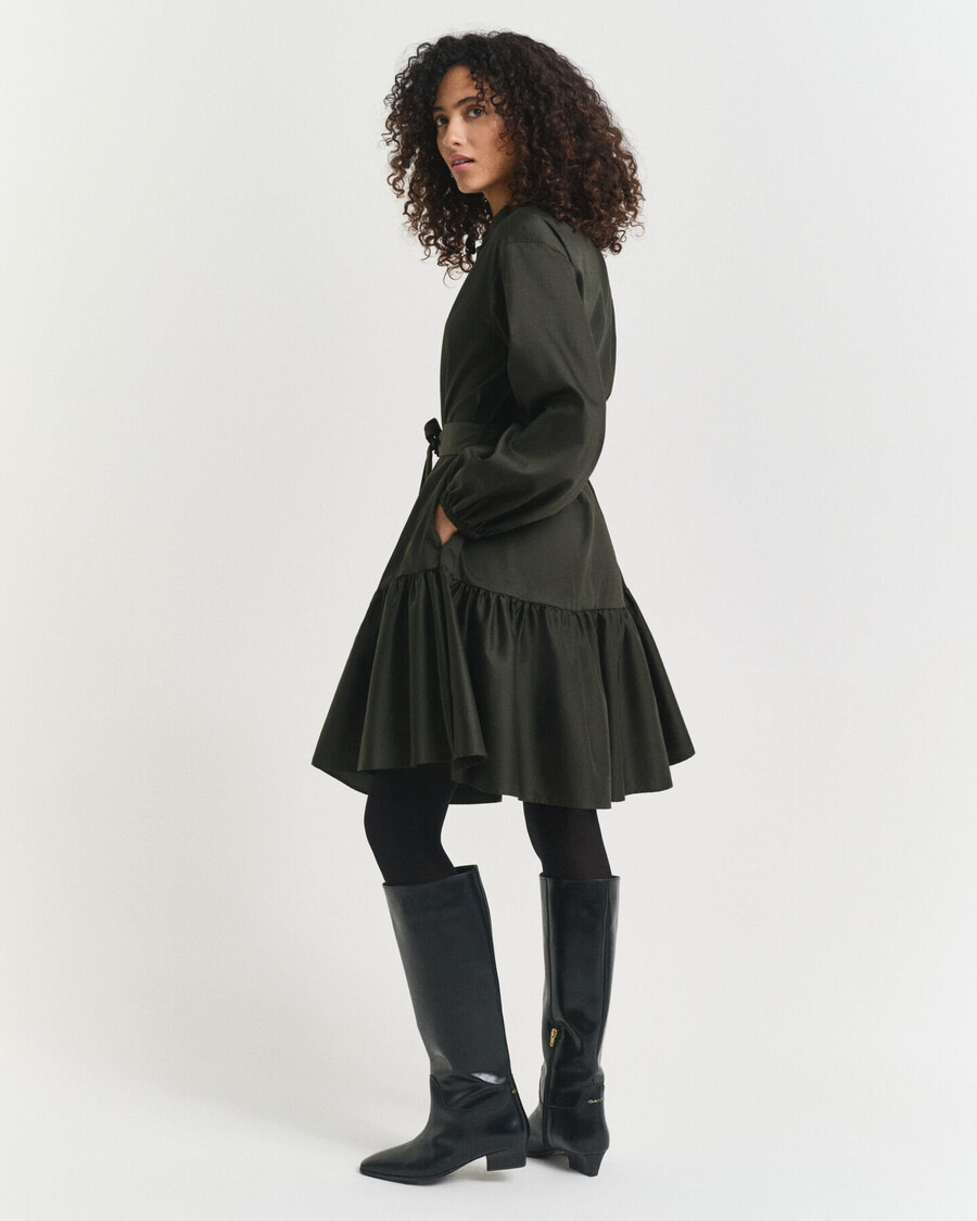 vestido de manga comprida em cetim de algodão - verde musgo escuro