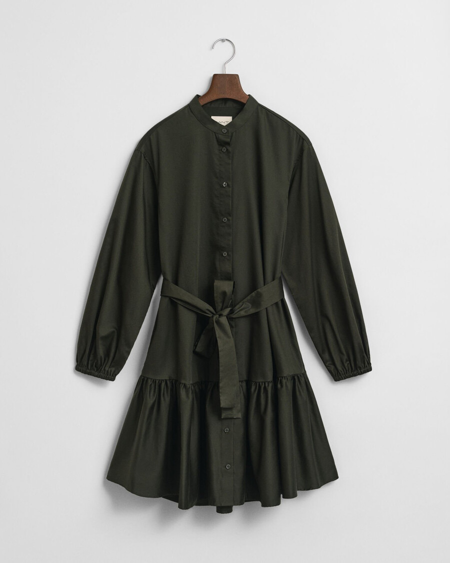 vestido de manga comprida em cetim de algodão - verde musgo escuro