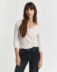 suéter de lã merino extrafina com decote em v - creme