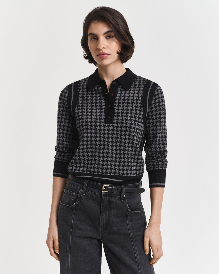 suéter polo jacquard pied-de-poule - preto