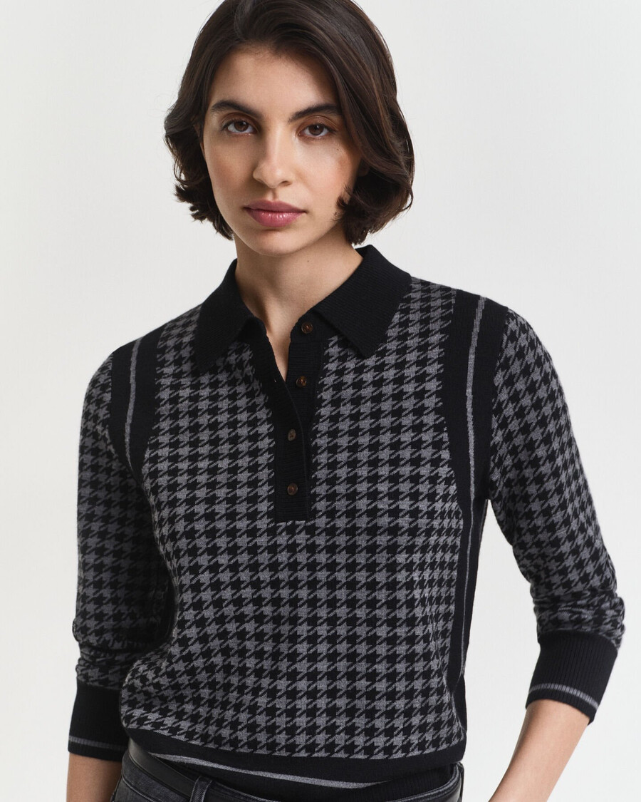 suéter polo jacquard pied-de-poule - preto