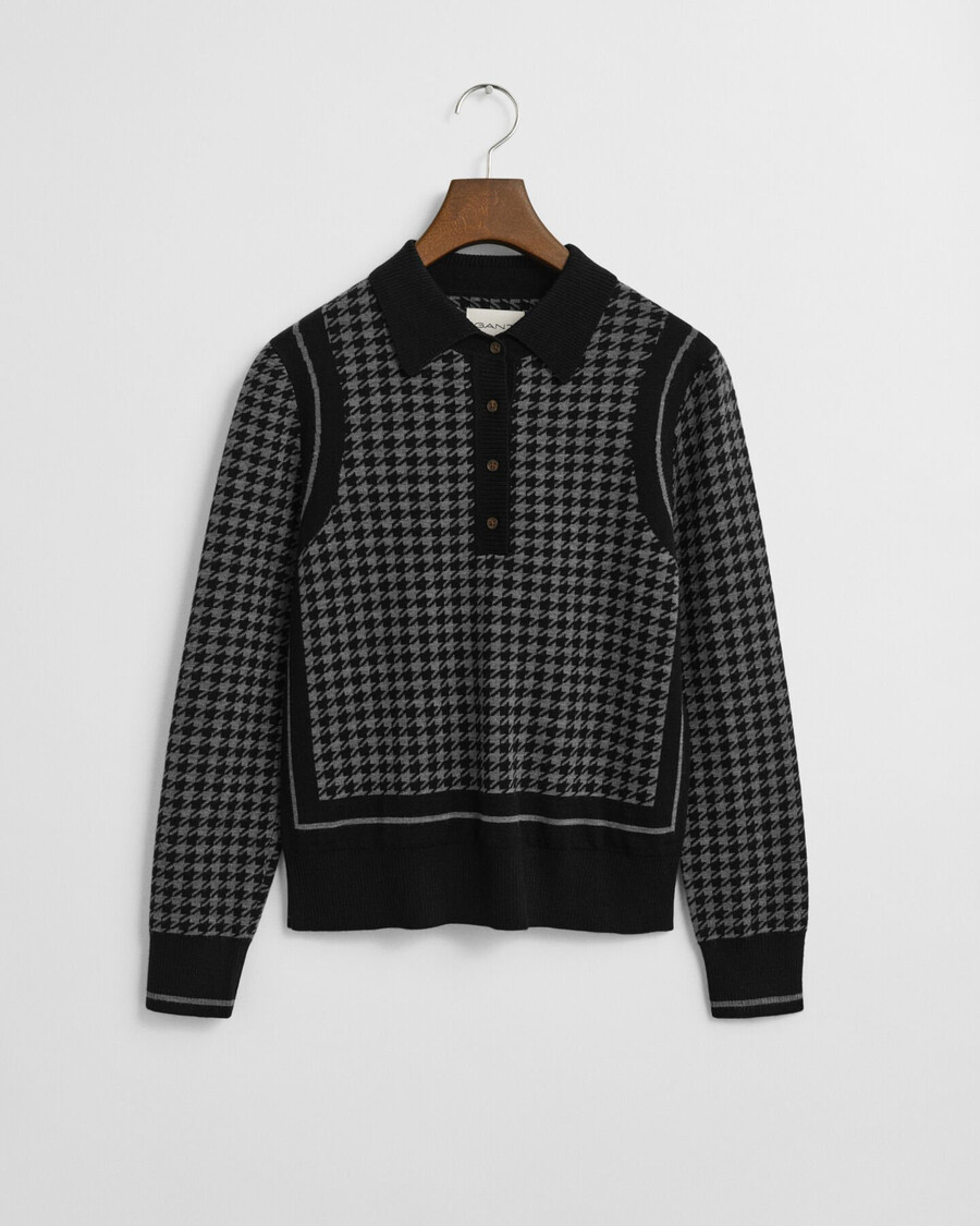 suéter polo jacquard pied-de-poule - preto