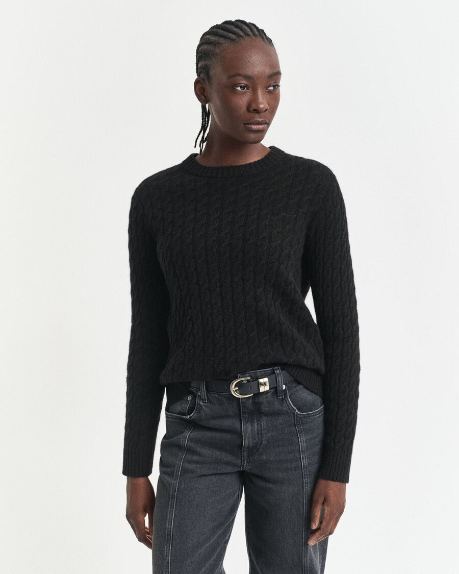 suéter de cashmere com gola redonda em tricô trançado - preto