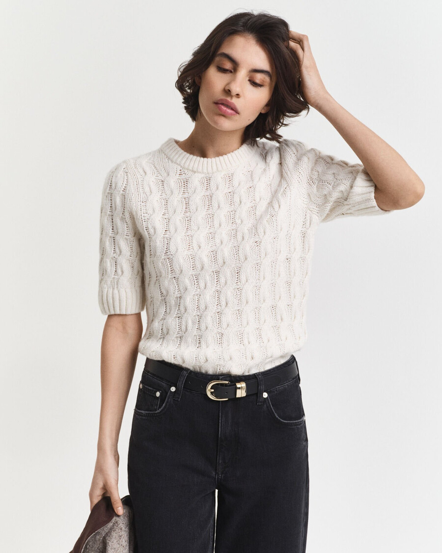 blusa de manga curta com tranças e mangas bufantes - creme