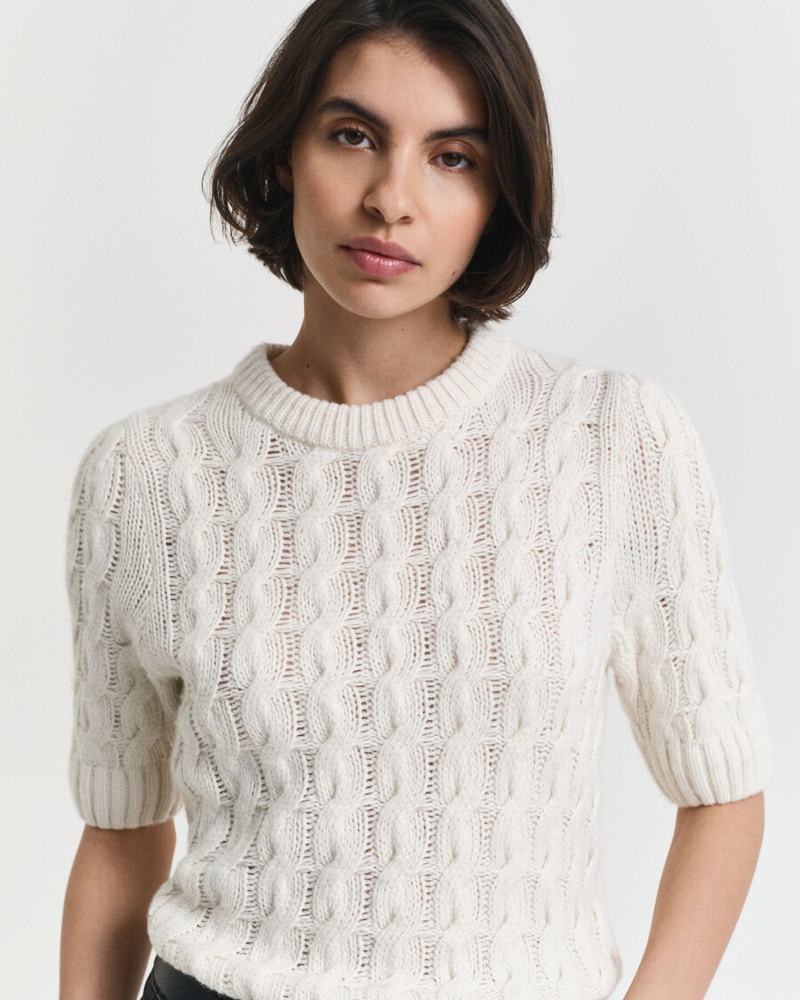 blusa de manga curta com tranças e mangas bufantes - creme