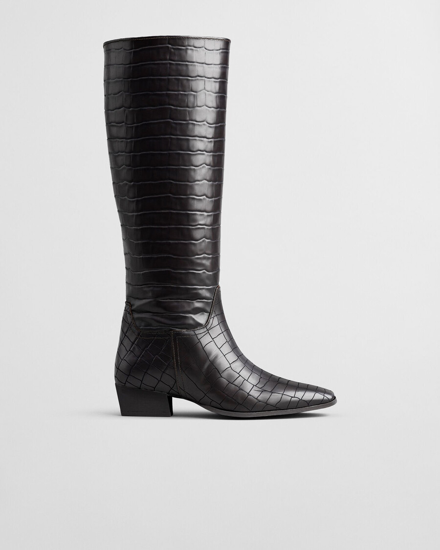 botas bassotte de cano alto em couro com efeito croco - marrom escuro