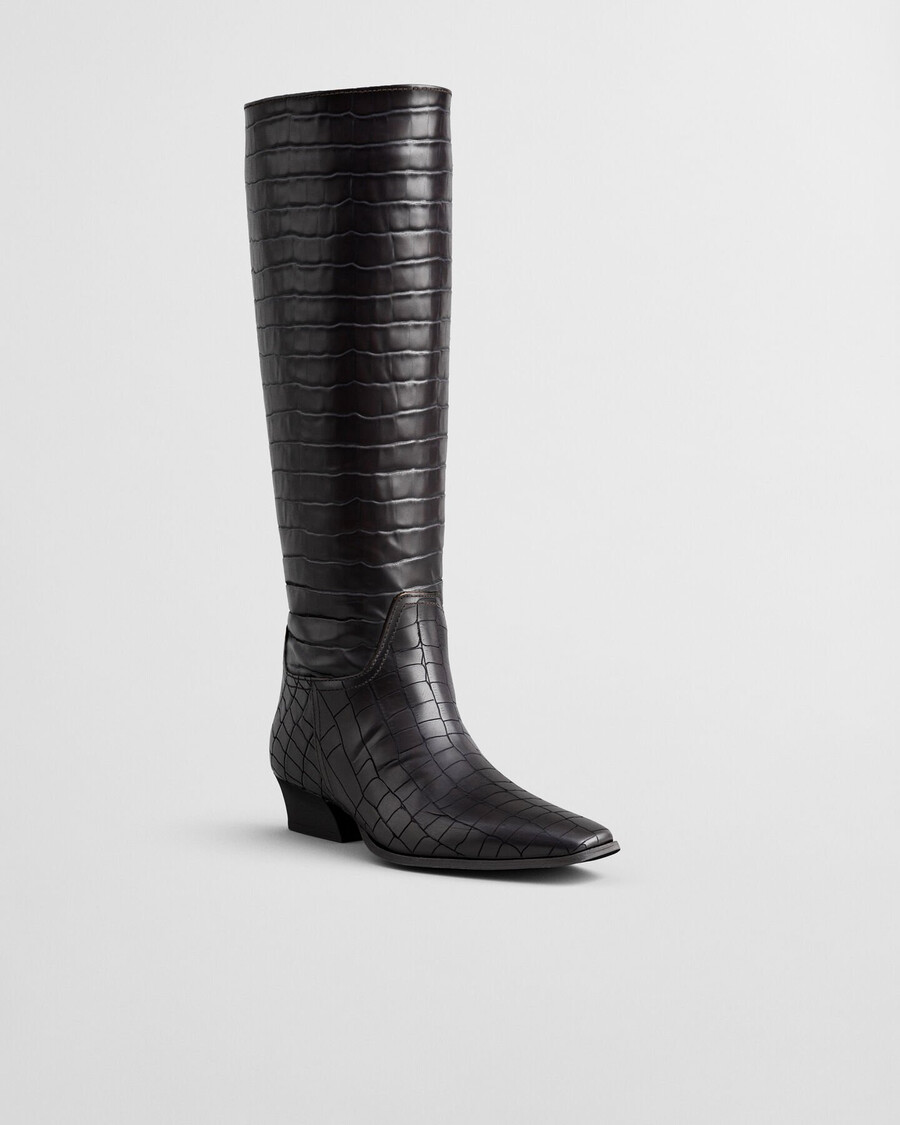 botas bassotte de cano alto em couro com efeito croco - marrom escuro