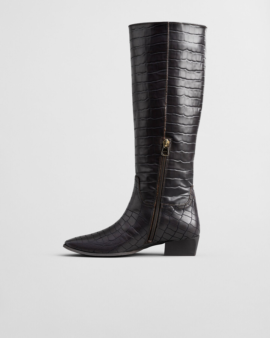 botas bassotte de cano alto em couro com efeito croco - marrom escuro